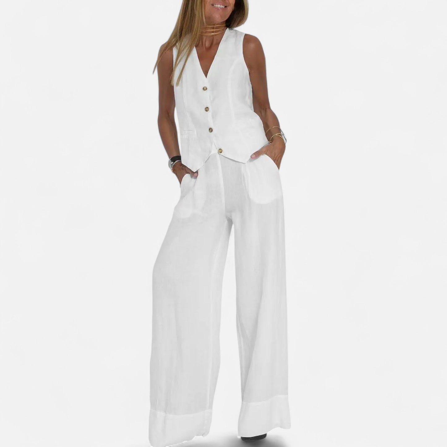 Old Monarchy | Women’s V-Neck Vest & Wide-Leg Trousers Set – Sleek Tailoring with Button Detail for Commute & Casual Elegance